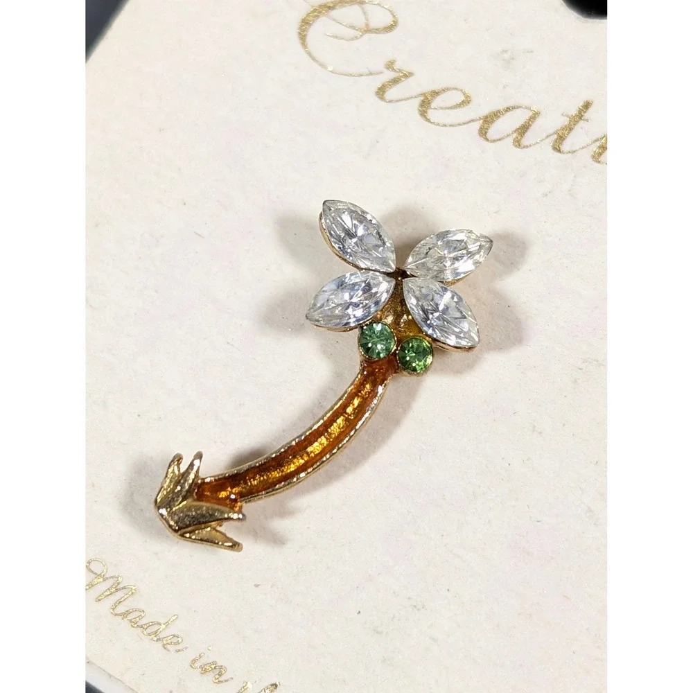 Vintage Palm Tree‎ Brooch Austrian Crystal Gold Tone Made in USA Tropical